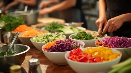 Close-up of various fresh ingredients prepared in bowls for a cooking activity