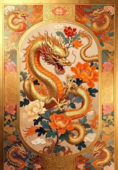Ornate golden dragon coiled gracefully inside an elegant oval frame