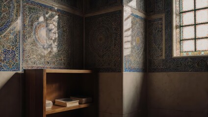 Intimate Interior with Natural Light and Artistic Wallpaper.