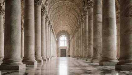 Grand Hallway with Columns and Arched Ceiling in Historic Building.