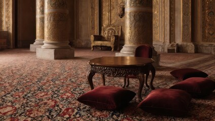 Opulent Interior with Pillows, Table, and Columns in a Grand Hall.