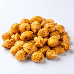 Pile of savory coated peanuts with a crispy shell presented against a pure white background