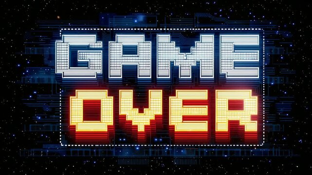Retro pixel art style game over screen with glowing text on digital background for arcade or video games