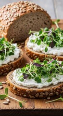 Freshly prepared herb topped sourdough with cream cheese spread for healthy breakfast ideas
