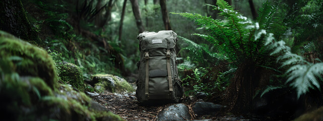 Durable outdoor backpack rests on a forest trail surrounded by lush green foliage and moss-covered rocks