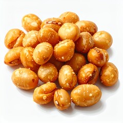 Pile of shiny, golden-brown roasted soybeans on a clean white background