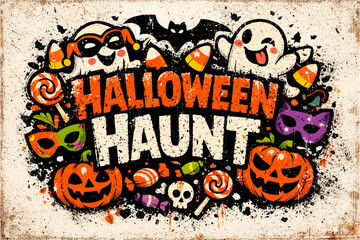 Spooky halloween fun with ghosts, pumpkins, and candy in grunge style