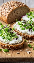 Fresh sunflower seed bread with cream cheese and microgreens on a rustic wooden board