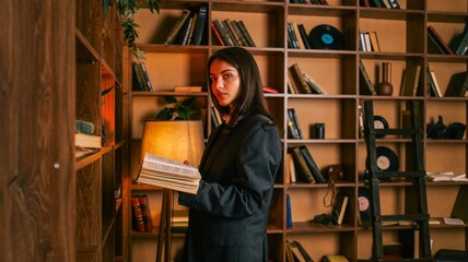 Young woman in a blazer holding an open book in a library with bookshelves filled with books © shine.graphics