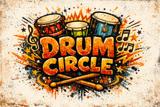 Vibrant drum circle design with percussion instruments and musical notes