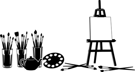 Artist workspace silhouette vector illustration, painting tools with brushes palette and easel, creative art studio concept, black minimal design isolated on white