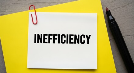 White paper with word inefficiency attached to yellow paper with red clip and black marker text note