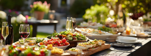 An elegant outdoor buffet spread with a variety of delicious healthy dishes and refreshing drinks on a long table, perfect for a summer garden party or celebratory gathering