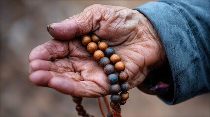 Close-up of a weathered hand holding prayer beads.