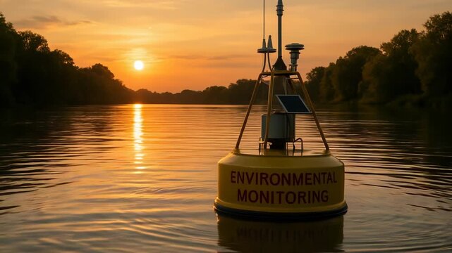 A yellow environmental monitoring buoy floats on calm water. The golden sunset reflects beautifully across the tranquil river.