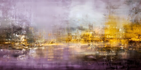 Fototapeta premium An abstract painting featuring soft colors of purple, gold, and white with a textured, blurred landscape effect.
