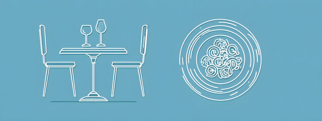 Outline icons representing a table set for dining and a plate of pasta on a blue background