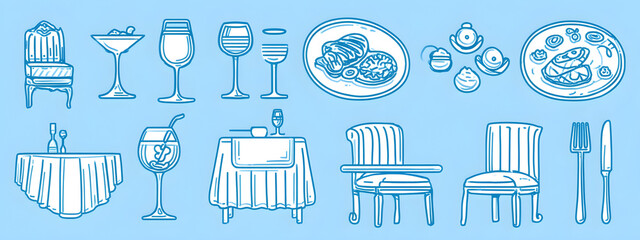 Elegant Outline Vector Icons Set Depicting Restaurant Dining Elements, Gourmet Food, Stylish Furniture, and Various Glassware for Menus and Digital Projects