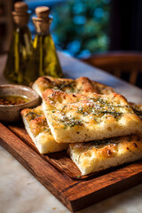 Delicious slices of freshly oven-baked focaccia bread, seasoned with herbs and salt, served on a wooden board with olive oil and chili flakes, ready to be enjoyed as an appetizer or side