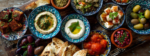 Overhead view of a delightful assortment of Mediterranean dips and appetizers, showcasing olives, pita bread, and various spreads on a wooden board