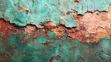 Close-up of weathered surface with peeling paint, showing layers of turquoise and rust colors