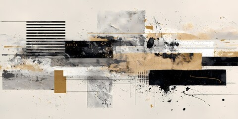 An abstract artwork featuring a combination of black, white, and gold elements with striking geometric shapes and textures.