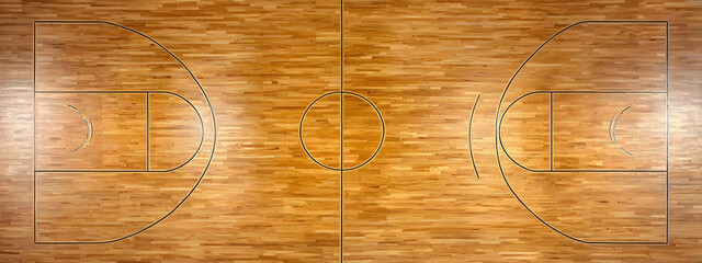 Overhead view of a polished wooden basketball court with bright lighting and clear markings