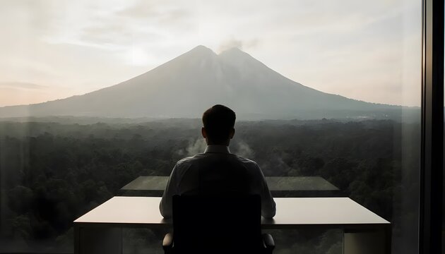 Man looking at mountain view from office window business travel concept