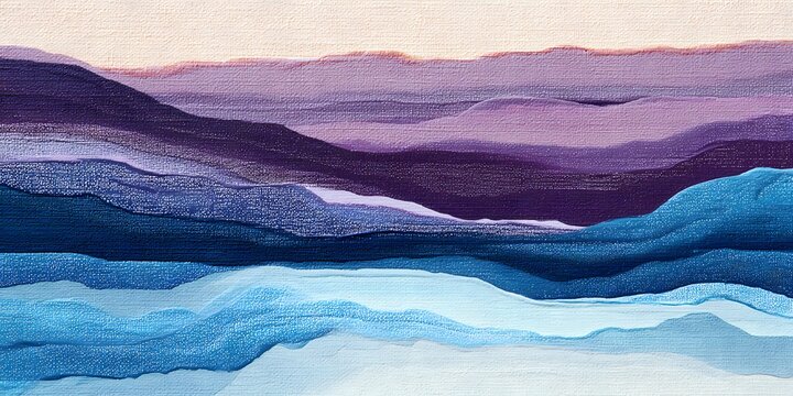 Abstract landscape artwork featuring layered mountains with varying shades of purple and blue.