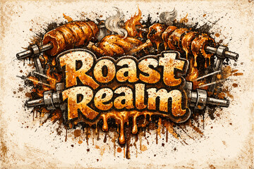 Grungy roast realm with rotisserie flames and bold textured typography