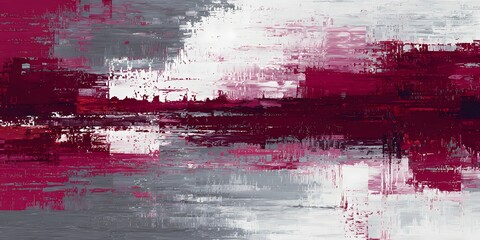 Abstract artwork featuring bold red and gray strokes with textured layers.