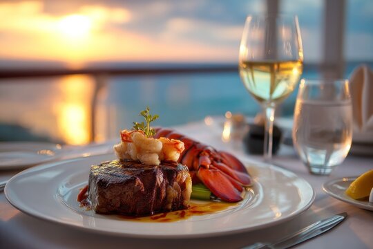 Gourmet meal with steak and lobster drinks transparent background