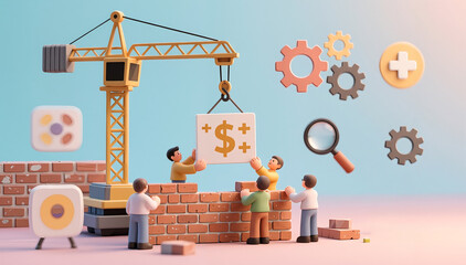 Miniature people building a brick wall with dollar signs, construction and financial growth concept