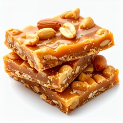 Stacked toffee squares adorned with peanuts against a bright white backdrop