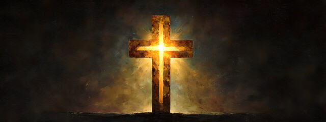 Illuminated Cross Against a Dark, Smoky Background