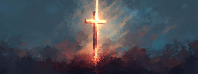 Radiant cross ascends through dramatic, fiery clouds at dusk, symbolizing hope, faith, and spiritual light in a powerful, awe-inspiring panoramic illustration