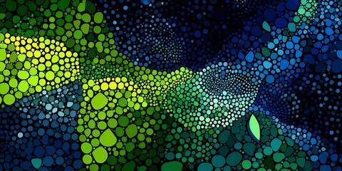 Colorful abstract design with various circular shapes in shades of blue, green, and yellow.