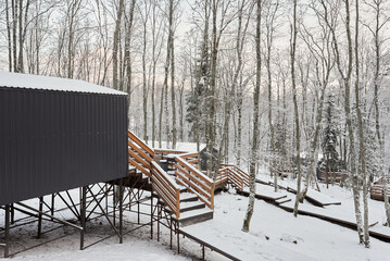 Snowy Retreat Cabin, Serene Black Cottage Set On Icy Deck Among Birch Trees And Winter Tranquility