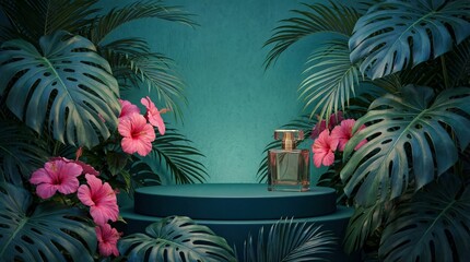 Luxury perfume bottle on a teal podium in a tropical garden setting with exotic flowers and leaves