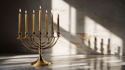 Fototapeta premium Close-up of gold menorah with candles lit against a marble backdrop