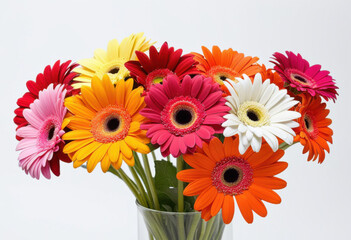 Bouquet of gerbera daisy on white background, botanical art, cheerful arrangement, bright colors, fresh flowers