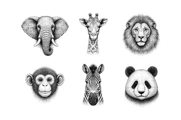 Fototapeta premium Stylized ink drawings of safari and jungle animals on white background