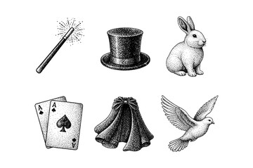 Elegant magic icons: wand, hat, rabbit, cards, scarf, dove in detailed stipple art style
