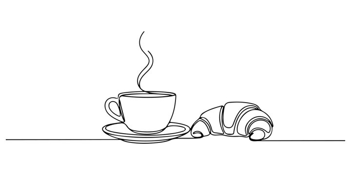 Continuous one line of a coffee cup and a croissant on a plate, symbolism of a calm morning routine, drawn vector illustration.