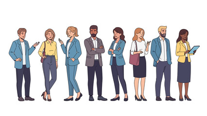 Obraz premium A diverse group of professional business people, men and women, standing together, representing a modern and inclusive workforce, ready for collaboration and success in the corporate world