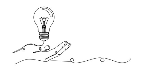Continuous one line of a light bulb emerging from a hand, symbolism of creativity and ideas, drawn vector illustration. © Haus