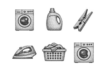 Retro halftone laundry icons: washer, detergent, iron, basket, pegs