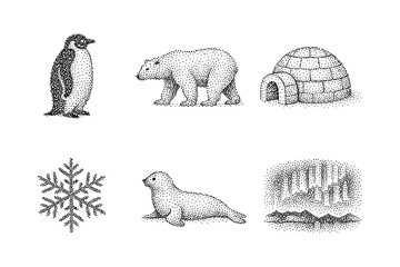 Dotted arctic creatures and landscapes in black and white