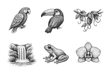 Obraz premium Stipple art: tropical wildlife and nature elements in intricate dot work design