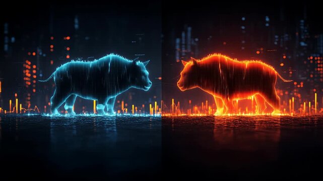 A digital bull and bear clash in a futuristic data arena, symbolizing the stock market's epic battle. Bull vs. Bear power. Ideal for financial news, trading platforms, and crypto analysis